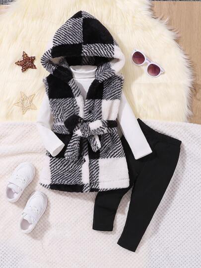 SHEIN Baby Girls' 3pcs Plaid Flannel Thickened Warm Vest Basic Casual Cute Outfits, For Christmas