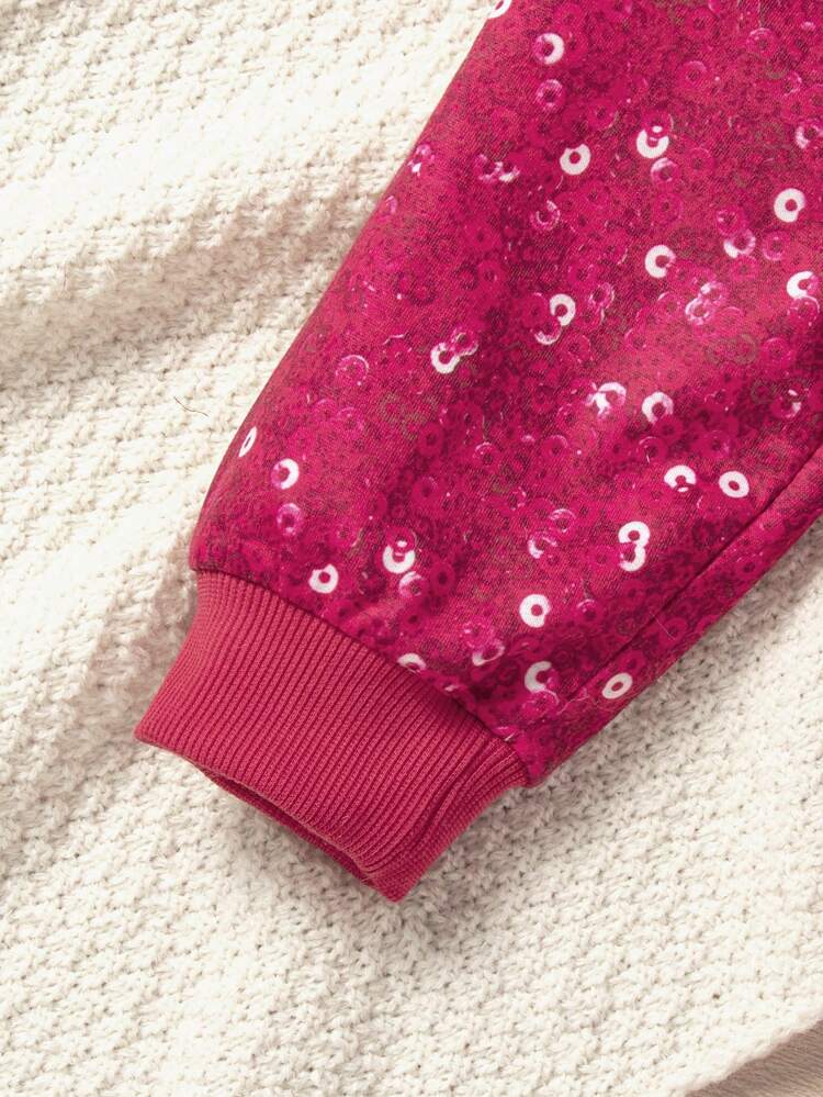 2pcs/Set Young Girl Sequin Print Baseball Collar Zip Front Hoodie Jacket And Fluffy Bell-Bottom Pants Casual Outfit