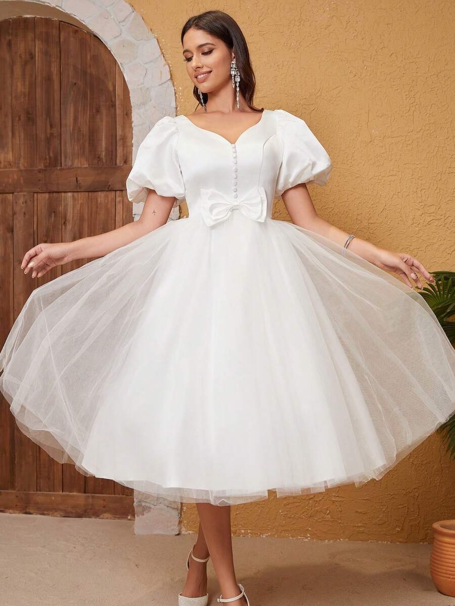 Nơ mặt trước Ống tay áo Lớp phủ lưới Váy dự tiệc - trắng - Xem 1