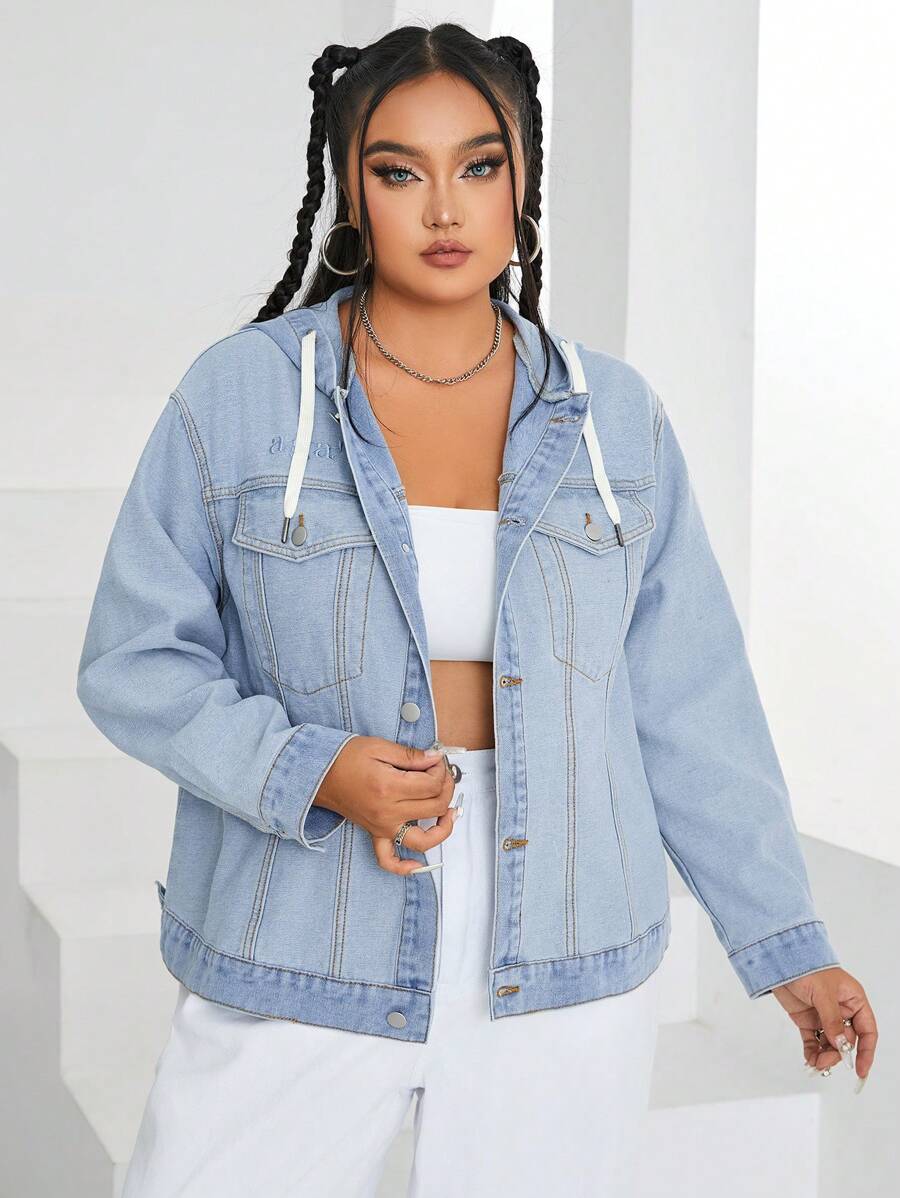 SHEIN EZwear Áo khoác denim trùm đầu có dây rút cài nút cỡ lớn - Màu xanh lam - Xem 1