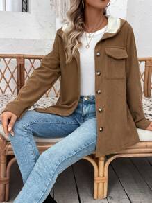 SHEIN LUNE 翻蓋口袋落肩袖毛絨內襯連帽外套