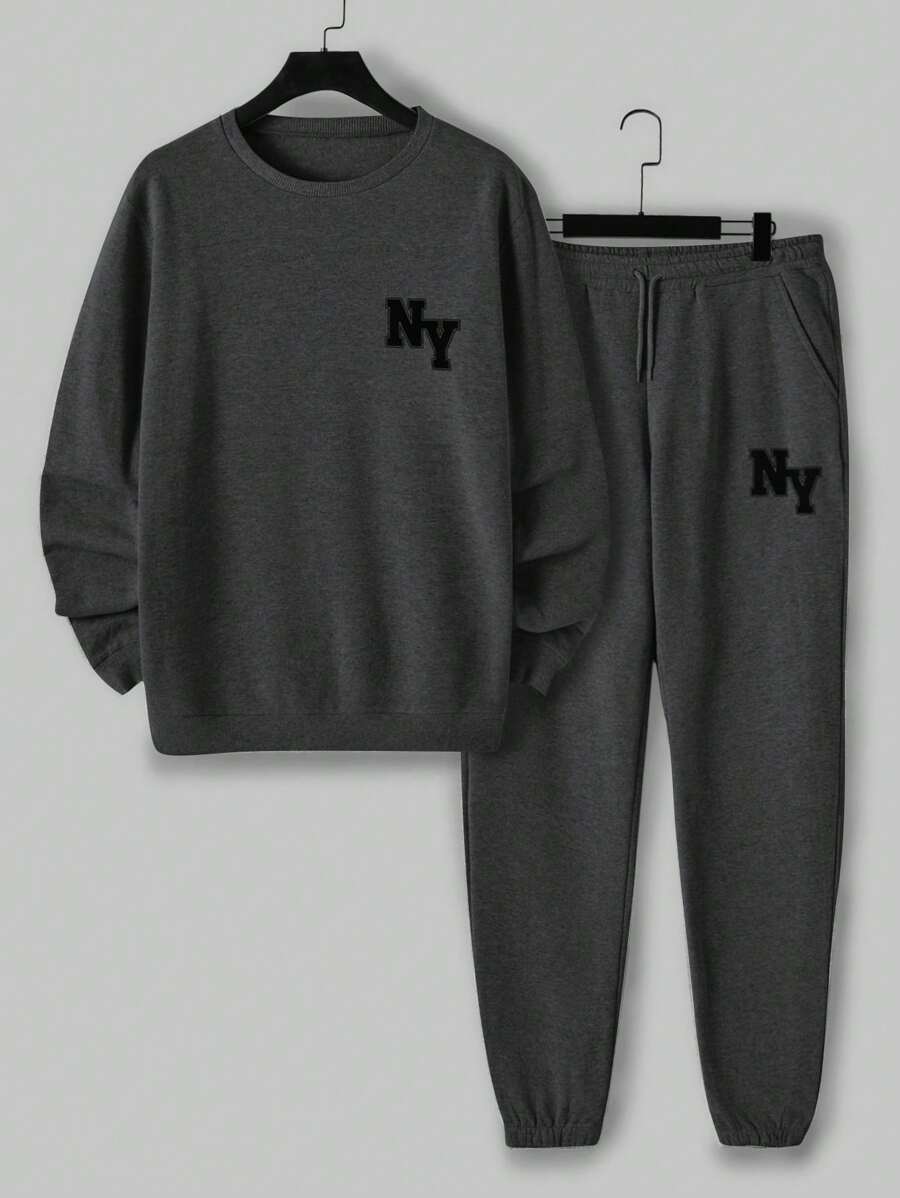 EURMUSE Men's Solid Color Letter Printed Two Piece Set - Dark Grey - View 1