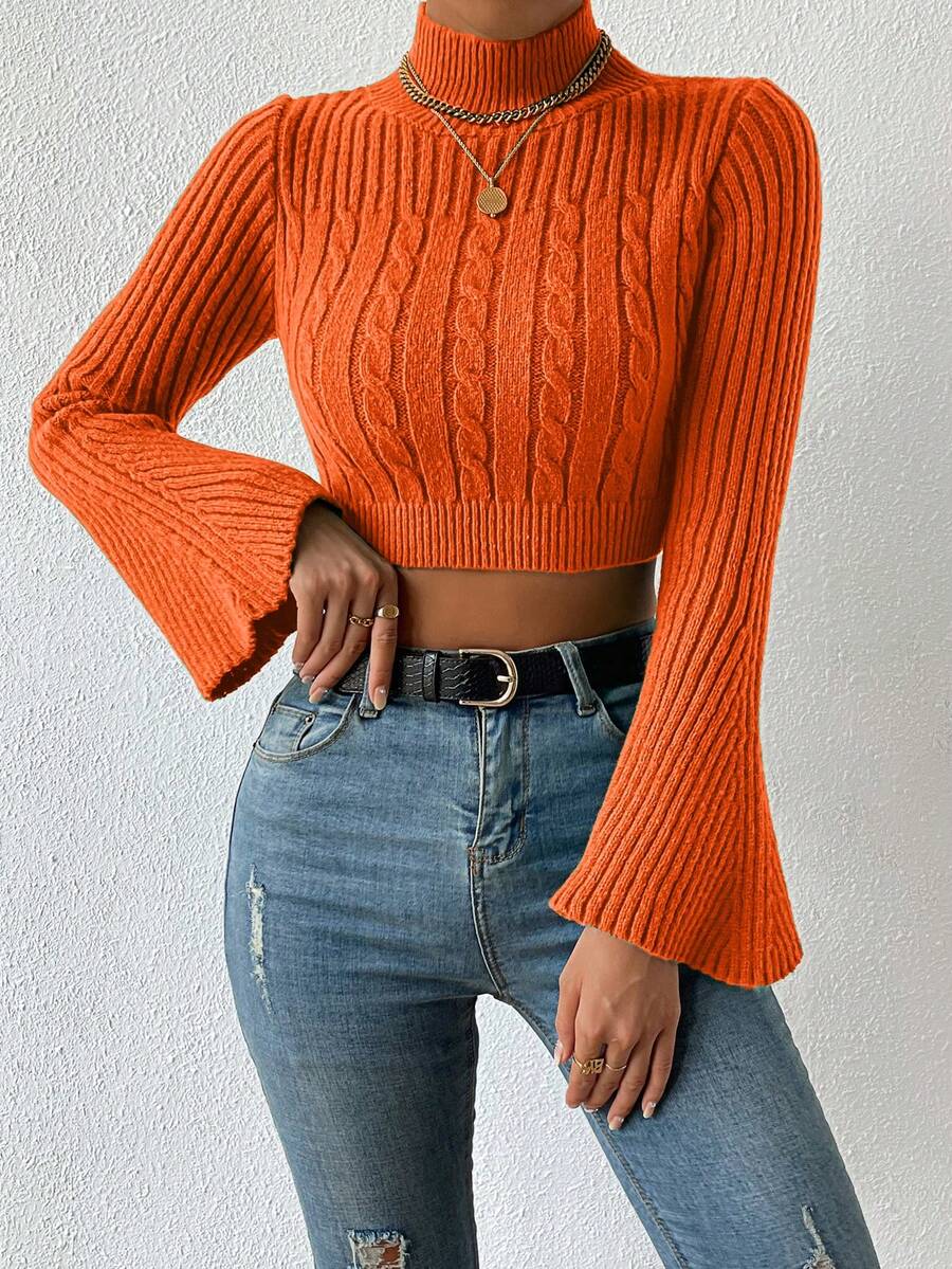EURMUSE Mock Neck Cable Knit Crop Sweater - Orange - View 1