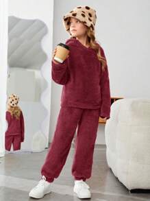 SHEIN Leap Crew Cô gái Tween Thư được vá Thả vai Flannel Áo Hoodie & Quần - Màu Đỏ Sâu - Xem 6
