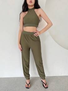 SHEINNeu 女士無袖開背騎帽上衣和短褲套裝 - 軍綠色 - 查看 1