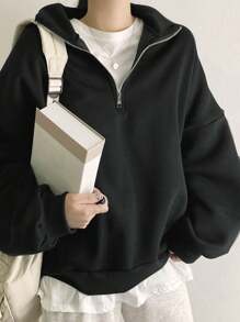 DAZY 纯色半拉链落肩超大套头衫、长袖上衣、秋季女装运动衫