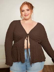 SHEIN CURVE+ 大碼前繫帶喇叭袖木耳邊T恤 - 棕色 - 查看 4