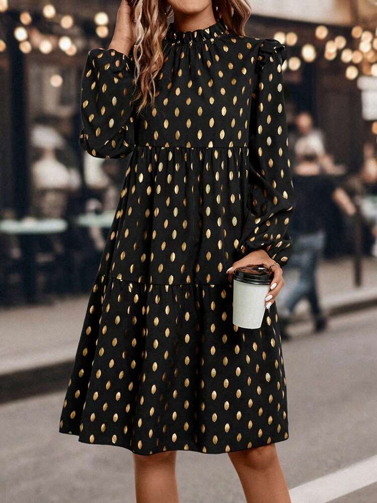Gold Dot Print Ruffle Trim Lantern Sleeve Dress Fall Cloth For Women