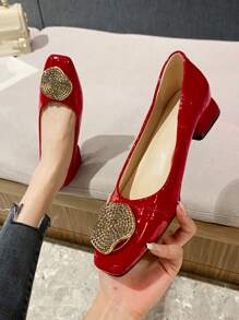 2025 Autumn Fashionable Classic Style Suede Upper With Metal Rhinestone Buckle Square Toe Chunky Heel Flat Shoes For Women - Red - View 3