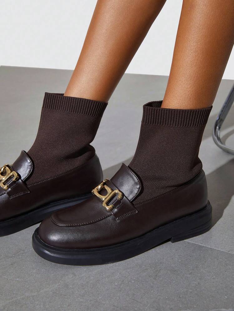 Women's Fashionable Brown Knit Slip-On Socks Boots With Metallic Decor
