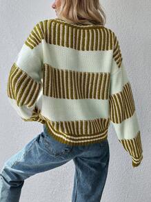 EURMUSE Striped Pattern Drop Shoulder Sweater - Mustard Yellow - View 2
