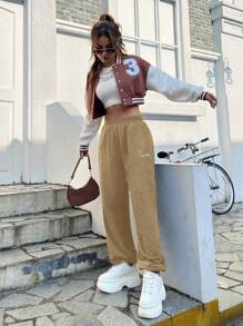 Letter Embroidery Elastic Waist Sweatpants - Khaki - View 5