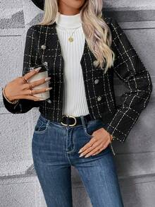 SHEIN Privé Plaid Double Breasted Crop Tweed Jacket - Black - View 4