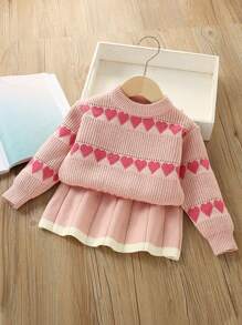 SHEIN Young Girl Heart Pattern Sweater And Sweater Skirt Set - Pink - View 1