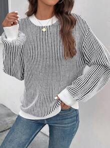 SHEIN Essnce 條紋圖案落肩袖套頭毛衣 - 黑與白 - 查看 3