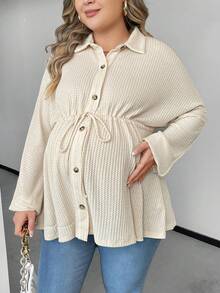 SHEIN Maternity Plus Drawstring Waist Shirt Dress - Apricot - View 4