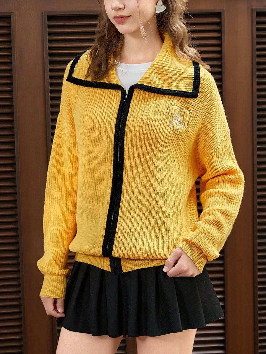 SHEIN EZwear Thêu trái tim Tương phản ràng buộc Thả vai Dây kéo Áo len Mở - Màu vàng - Xem 1