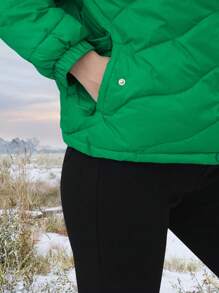 SHEIN Essnce 斜口袋羽絨服 - 綠色 - 查看 4