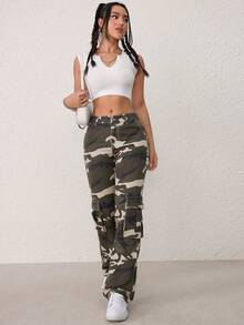 SHEIN Tall Camo Print Flap Pocket Cargo Jeans - Multicolor - View 6