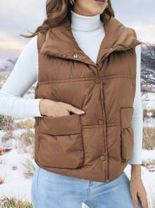 SHEIN Unity Flap Pocket Puffer Gilet - Coffee Brown - View 6
