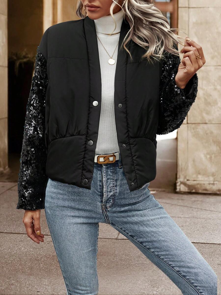 SHEIN LUNE 撞色亮片落肩加厚棉服外套冬季 - 黑色 - 查看 1