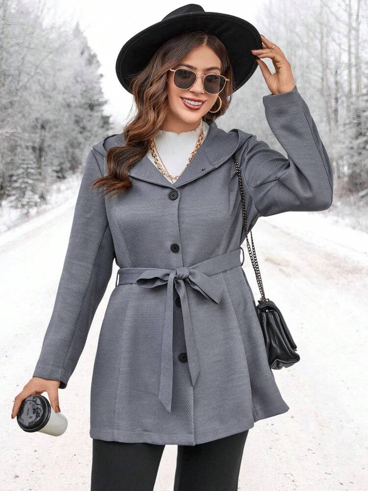 Plus Button Front Belted Overcoat Fall Cloth For Women