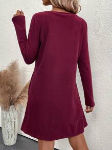 SHEIN LUNE Solid Button Detail Tee Dress - Burgundy - View 2