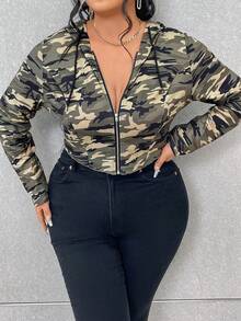 Celure Plus Size Women'S Cropped Camo Printed Drawstring Sweatshirt - Multicolor - View 2