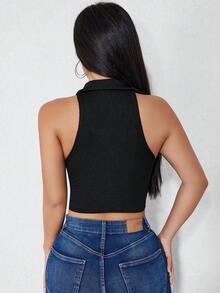 SHEIN Unity 素色繞頸短上衣 - 黑色 - 查看 2