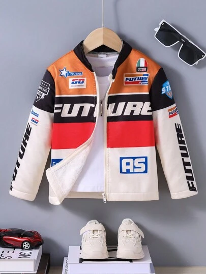 SHEIN Young Boy Letter Graphic Colorblock Bomber Jacket Without Tee