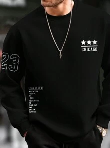 Manfinity Homme 男士標語&星星圖案落肩袖運動衫 - 黑色 - 查看 1