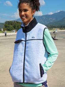 In My Nature Letter Graphic Colorblock Zip Up Fleece Vest - White - View 2