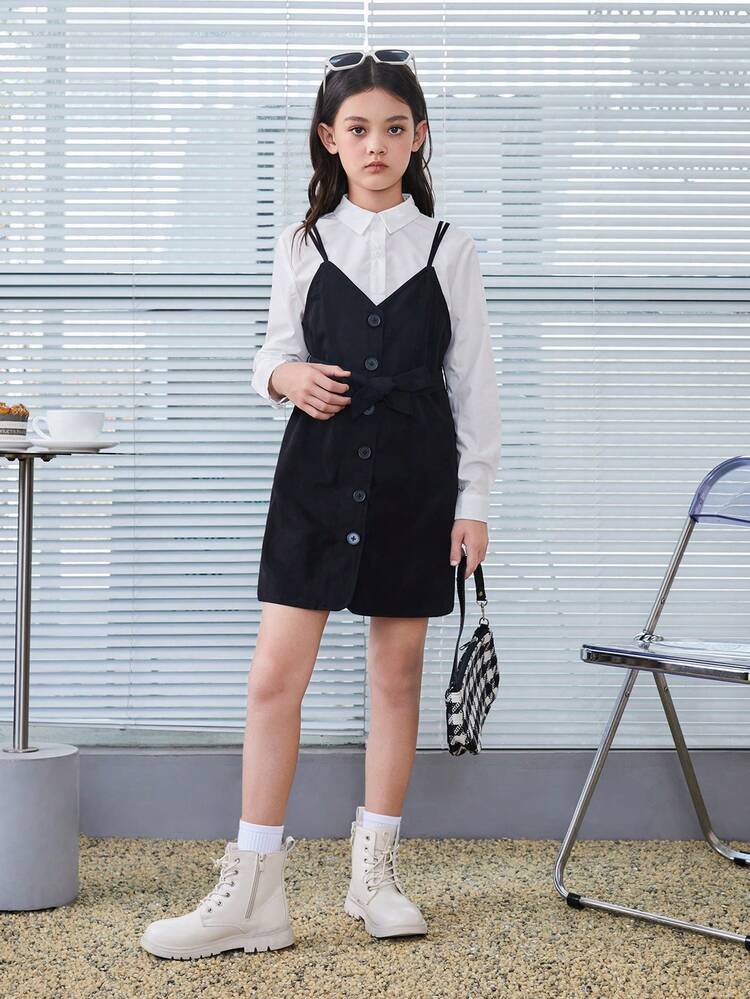 Tween Girl Button Front Belted Cami Dress & Shirt