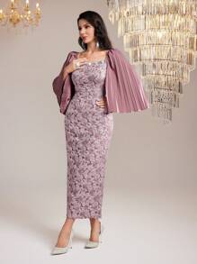 Modelyn 花卉圖案提花方領百褶鐘形袖後背開衩洋裝不附腰帶 - 藕粉色 - 查看 4