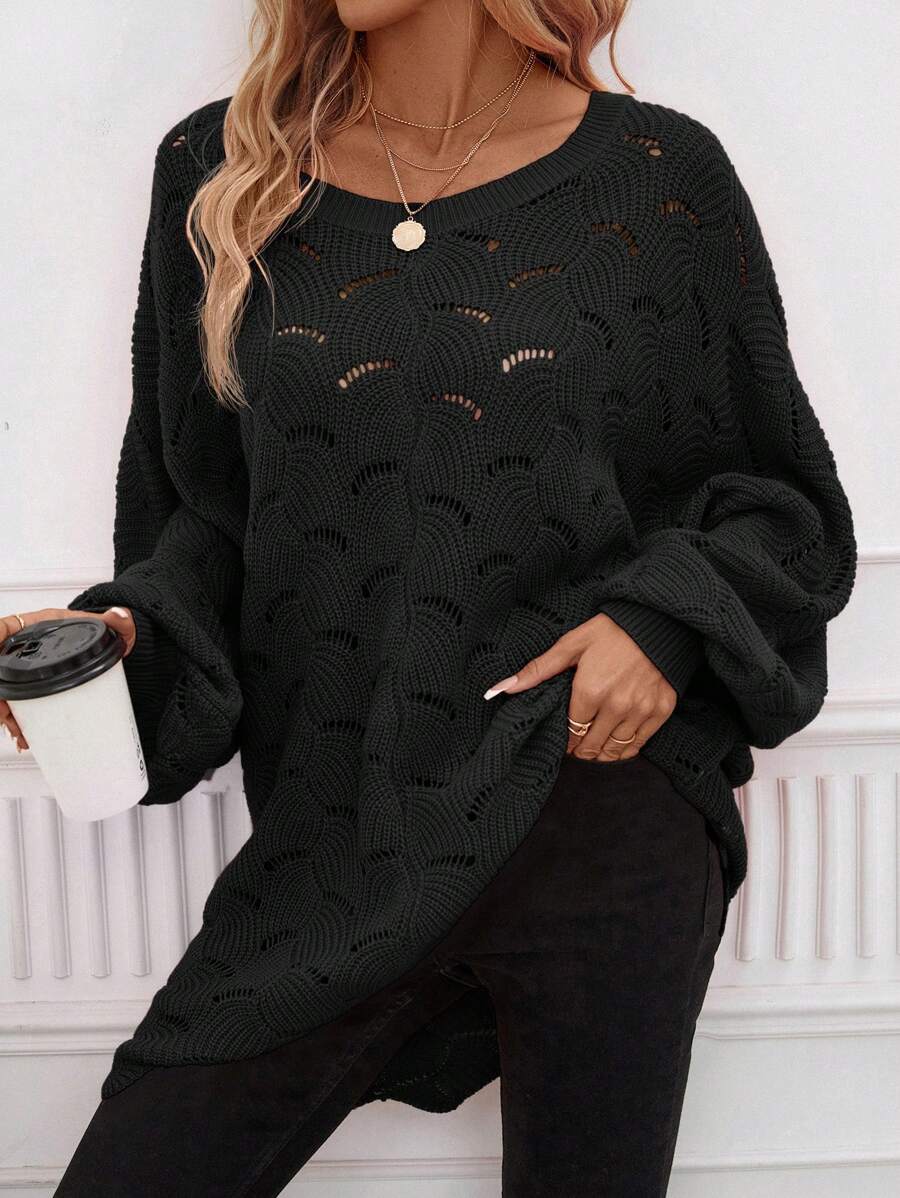 SHEIN Clasi Women's Hollow Out Knit Drop Shoulder Sweater - Black - View 1