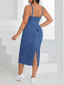 SHEIN EZwear Plus Size Frayed Edge Split Denim Dress With Shoulder Straps - Medium Wash - View 2