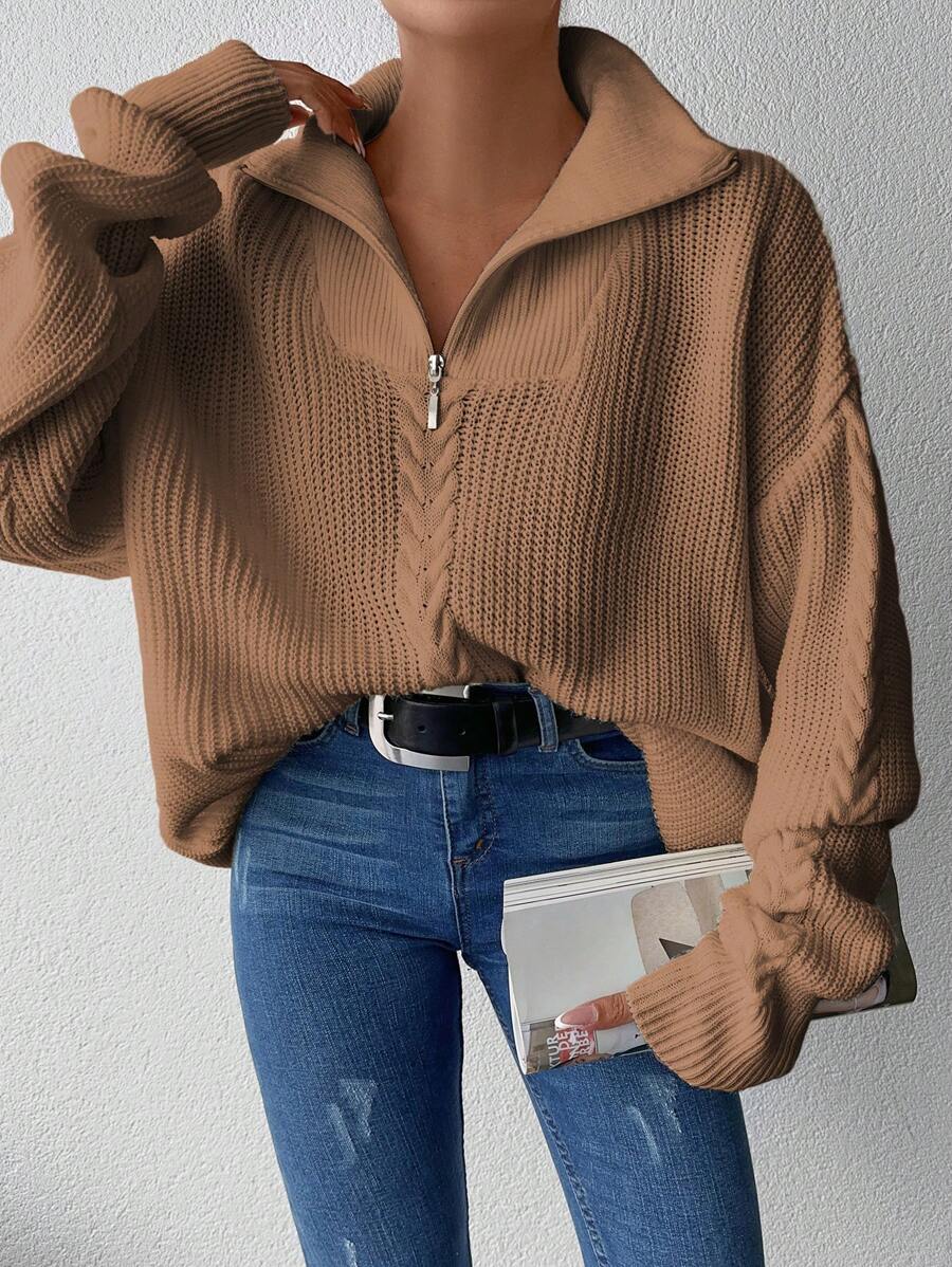EURMUSE Women's Solid Color Drop Shoulder Half-zip Sweater - Camel - View 1