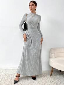 SHEIN Privé Cổ giả Viền mặt trước Đồ đan Ribbed Đầm - Xám - Xem 4