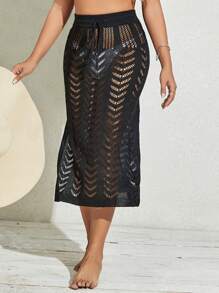 SHEIN Swim Hollow Out Split Thigh Cover Up Skirt Without Bikini Summer - Black - View 5