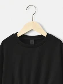 SHEIN 少女圓領長袖純色落肩運動衫，適用於秋冬季節 - 黑色 - 查看 4