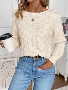 SHEIN Frenchy 素色網眼針織套頭毛衣 - 杏色 - 查看 6