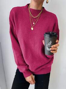 EURMUSE Round Neck Solid Color Drop Shoulder Casual Sweater - Pink - View 5