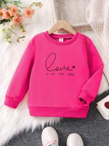 SHEIN 女童時尚簡約口號心形圓領運動衫秋冬款 - 玫紅色 - 查看 1