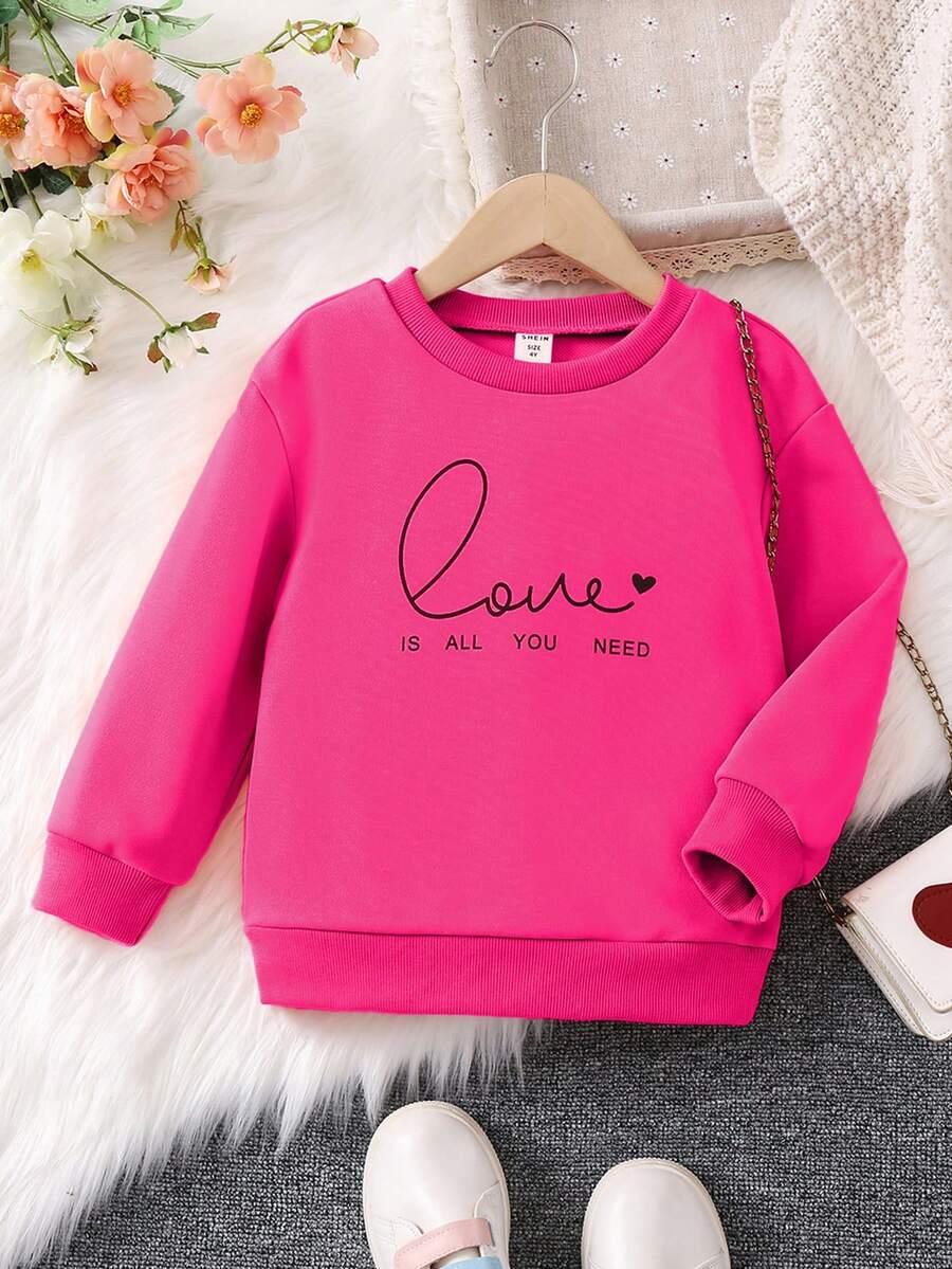 SHEIN 女童時尚簡約口號心形圓領運動衫秋冬款 - 玫紅色 - 查看 1