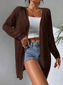 SHEIN LUNE 镂空针织落肩开衫 - 咖啡棕 - 查看 5