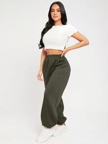 SHEIN PETITE Pantalones deportivos unicolor de cintura elástica - Verde Oscuro - Ver 5