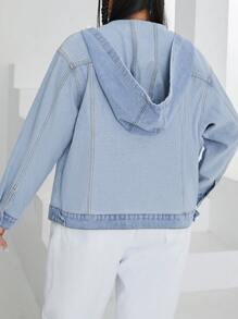SHEIN EZwear Áo khoác denim trùm đầu có dây rút cài nút cỡ lớn - Màu xanh lam - Xem 2