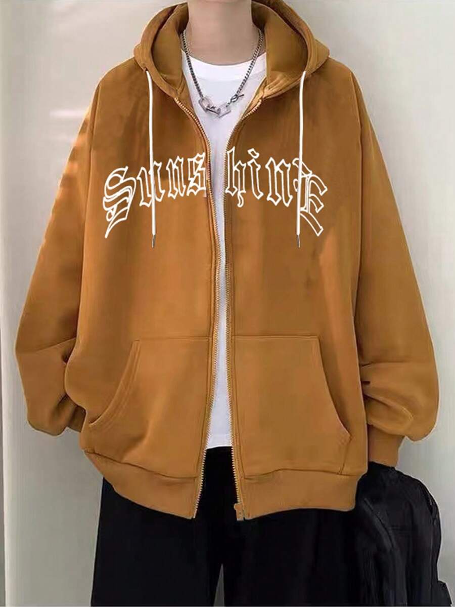 Manfinity EMRG Men Letter Graphic Zip Up Drawstring Thermal Lined Hoodie - Khaki - View 1