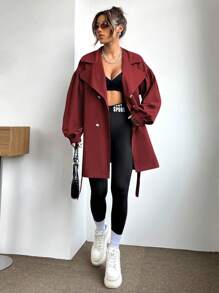 EURMUSE Lapel Button Trench Coat - Red - View 6