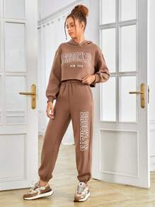 Teen Girl Letter Graphic Drop Shoulder Hoodie & Sweatpants - Mocha Brown - View 5